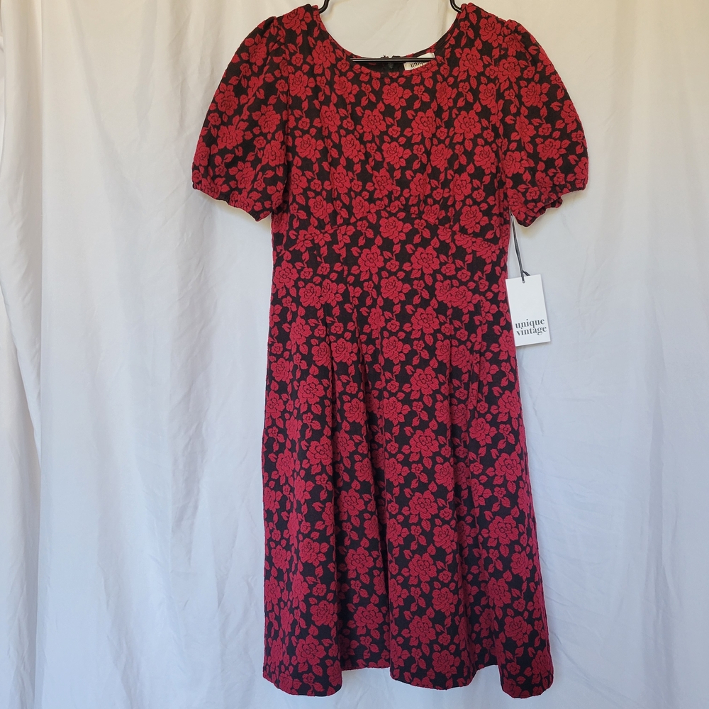 NWT Unique Vintage Red and Black A-line Dress with Puff Sleeves